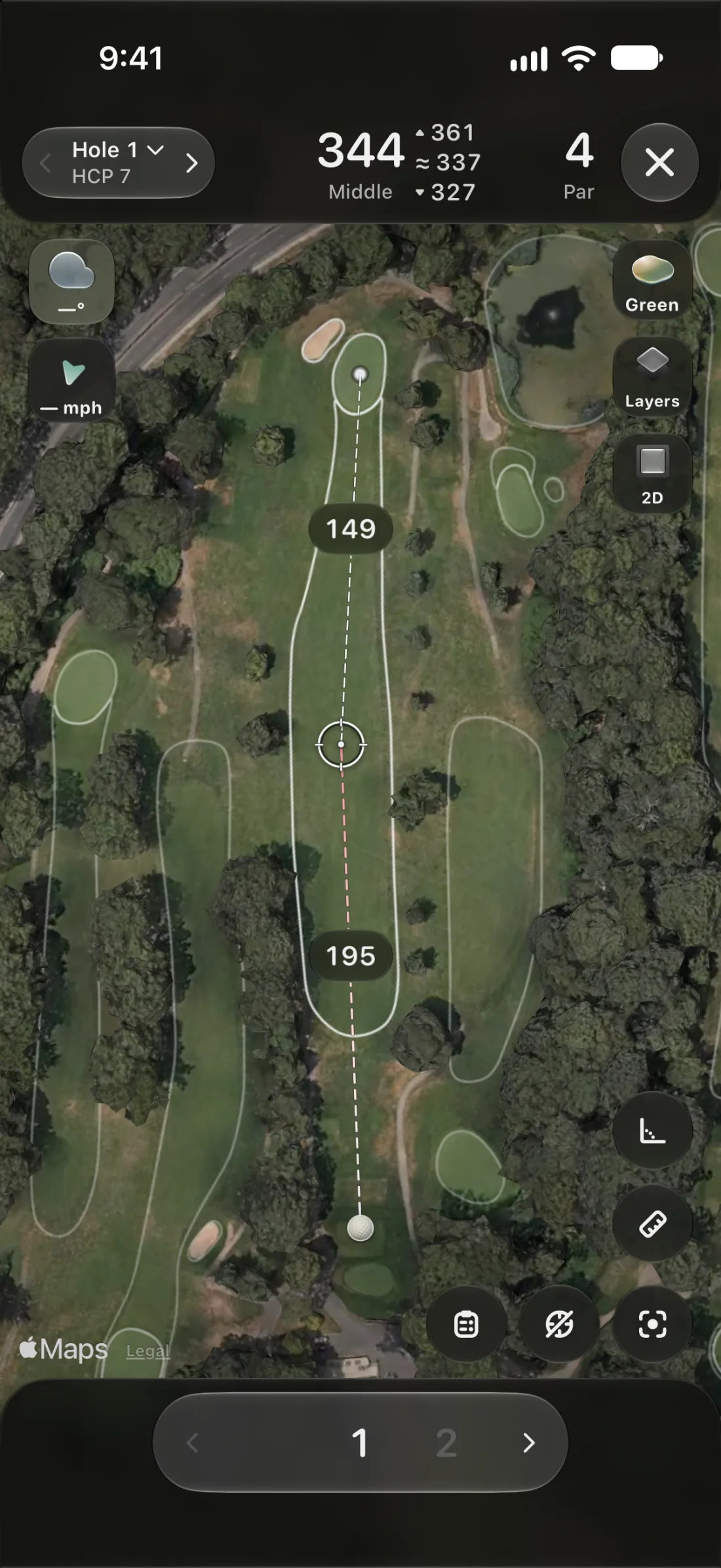 An in-round hole map with front, middle, and back yardages