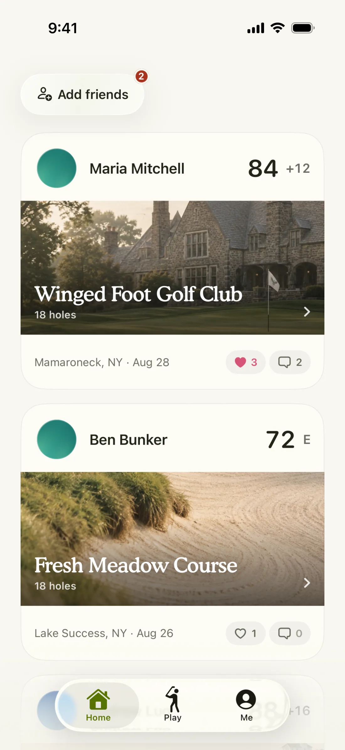The Home feed of friends' scorecards