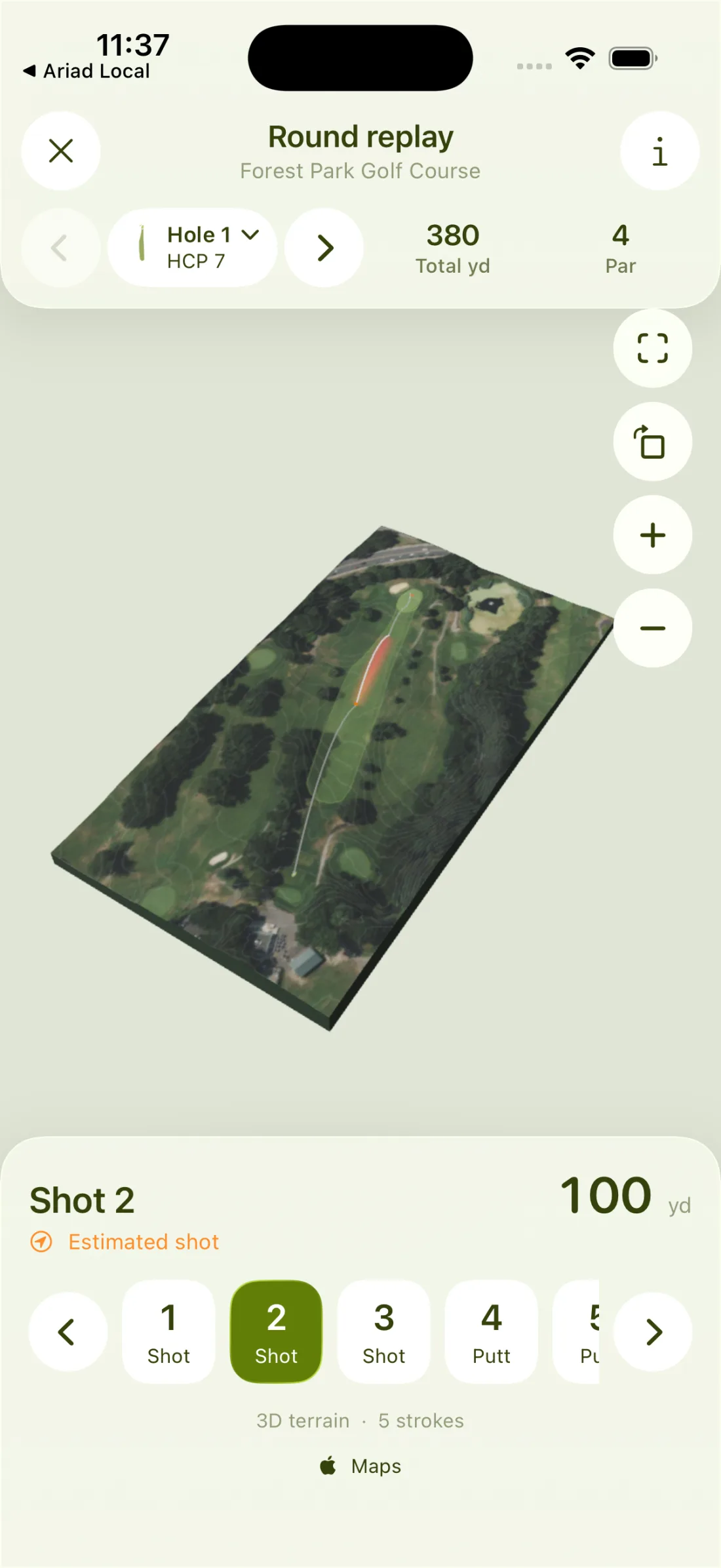 A 3D replay of a hole with every shot marked